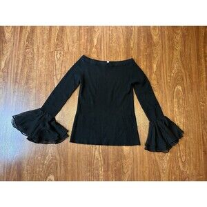 NEIMAN MARCUS 100% Cashmere Black Sweater M Silk Flare Bell Sleeve Boat Neck